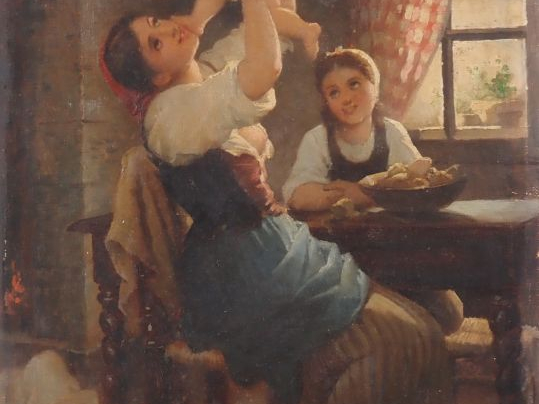 E. MICHEL. "deux sœurs et leur petit frère" Huile sur toile, signée en