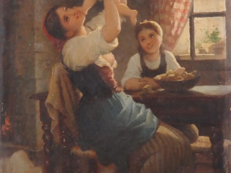 Vente aux enchères E. MICHEL. "deux sœurs et leur petit frère" Huile sur toile, signée en