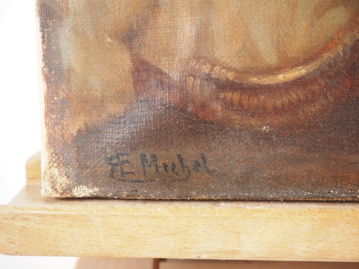 E. MICHEL. "deux sœurs et leur petit frère" Huile sur toile, signée en