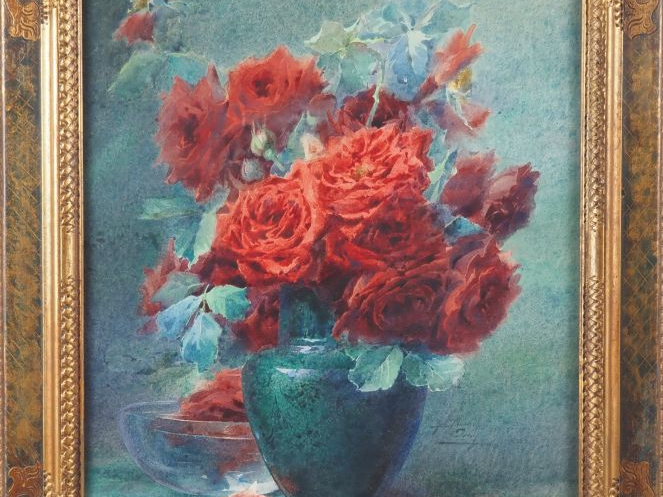 Blanche ODIN.  "Bouquet de roses rouges dans un vase" Aquarelle, signé