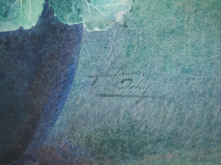 Blanche ODIN.  "Bouquet de roses rouges dans un vase" Aquarelle, signé