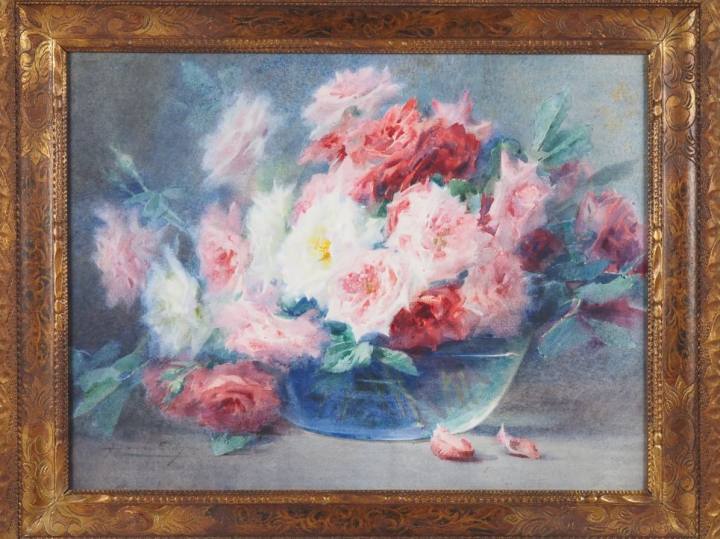 Blanche ODIN.  "Bouquet de roses dans une coupe en verre" Aquarelle, s
