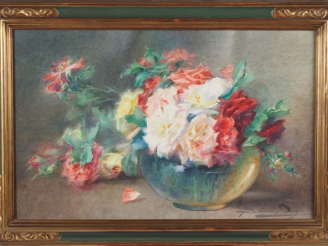 Vente aux enchères Blanche ODIN.  "bouquet de roses dans un vase en verre" Aquarelle, sig