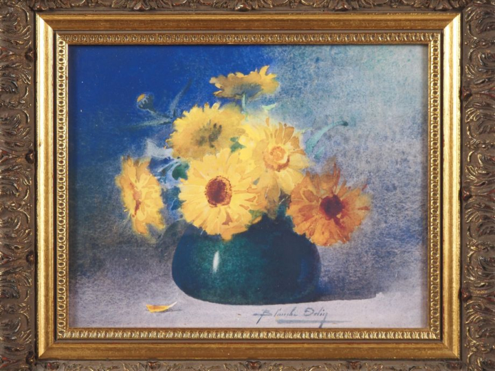Blanche ODIN.  "bouquet de soucis dans un vase bleu" Aquarelle, signée