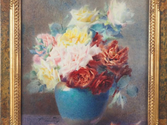 Vente aux enchères Blanche ODIN.  "bouquet de roses dans un vase" Aquarelle, signée en ba