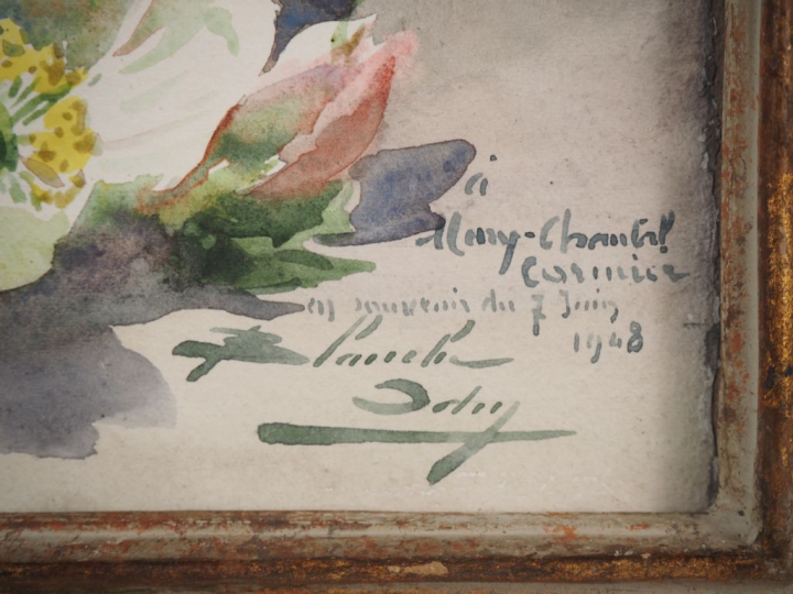 Blanche ODIN.  "fleurs" Aquarelle, signée en bas à droite dédicacée et