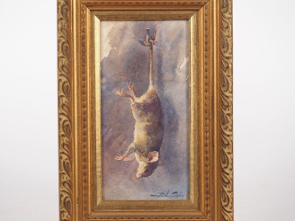 Vente aux enchères Blanche ODIN.  "Souris pendue par la queue" Aquarelle, signée en bas à