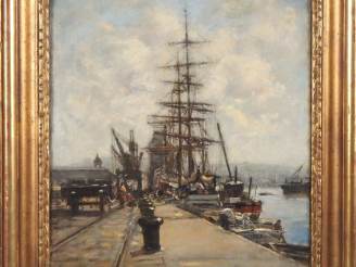 Vente aux enchères Charles François PÉCRUS (1826-1907). "Bateaux à quai", Rouen, 1892 Hui