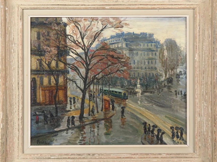 Jean PESKÉ (1870-1949). "La ville par temps de pluie", Paris? Huile su