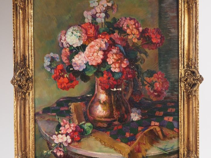 Sany SASSY.  "bouquet d'hortensias" Huile sur toile, signée en bas à g