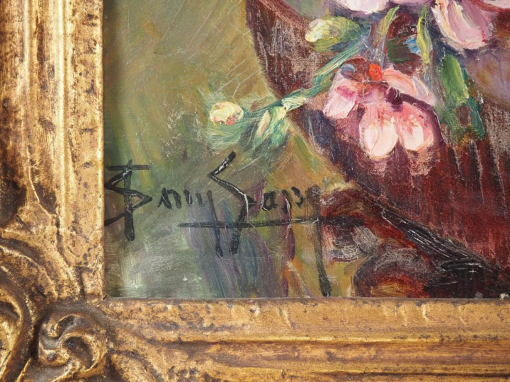 Sany SASSY.  "bouquet d'hortensias" Huile sur toile, signée en bas à g