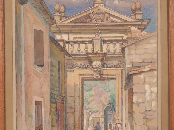 Sany SASSY.  "Porte de ville provencale animée" Aquarelle, signée en b
