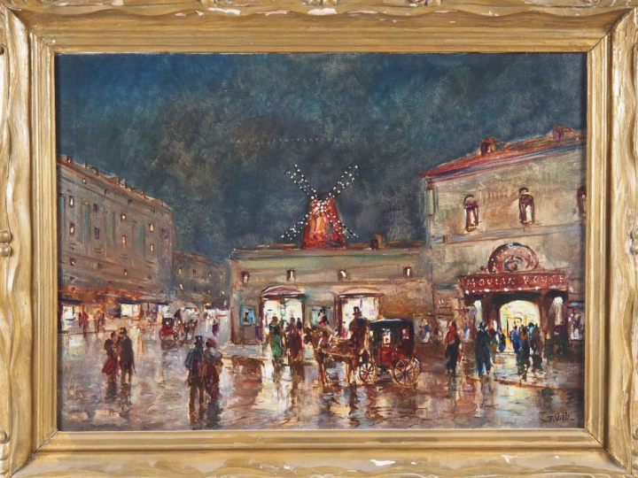 E. VILLI.  "Paris, le moulin rouge la nuit" Huile sur toile, signée en