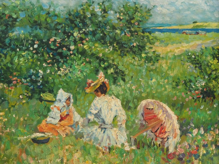 G. WATSON. (attribué à) "mère et jeune fille dans un champ de fleurs" 