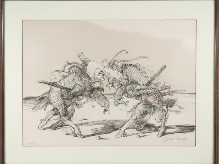 Claude WEISBUCH.  "personnages de la Comédia del Arte" Lithographie nu