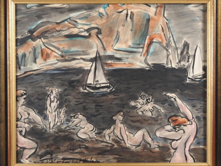 Lambert WILSON. "baigneuses à Etretat" Encre et aquarelle, signée en b