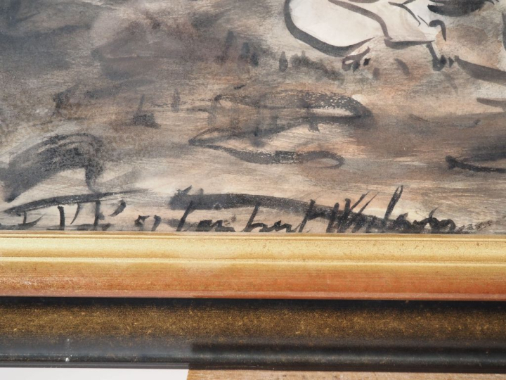 Lambert WILSON. "baigneuses à Etretat" Encre et aquarelle, signée en b