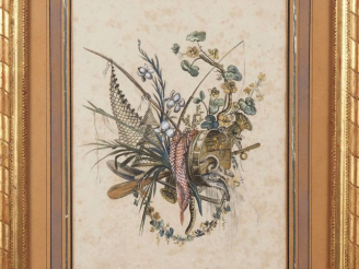 Vente aux enchères Ecole française XIXème.  "trophée de jardinier" et "trophée de pêcheur