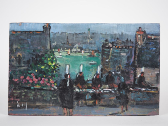 Vente aux enchères Ecole bretonne XXème.  "la criée sur un port bigoudin" Huile sur panne