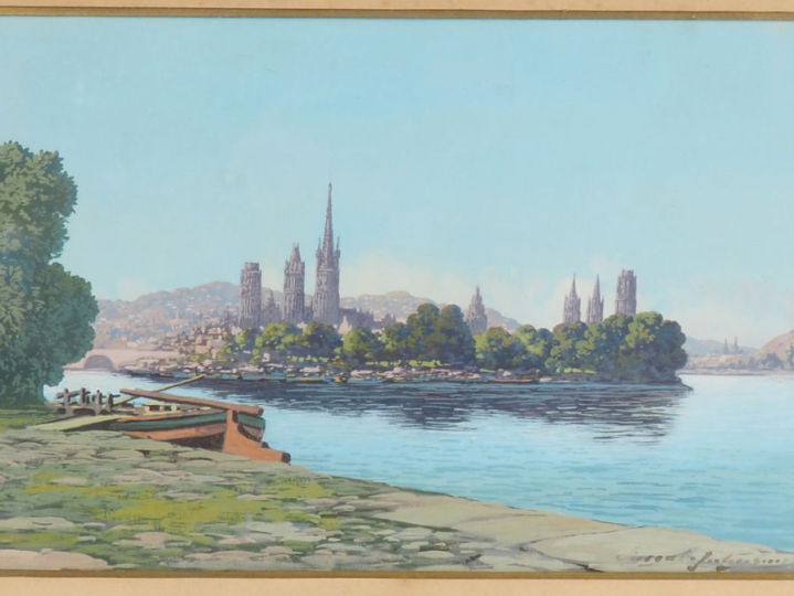 Ecole française début XXème.  "Sanctuaire au bord d'un lac" Gouache, s