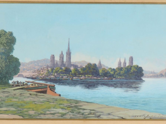 Vente aux enchères Ecole française début XXème.  "Sanctuaire au bord d'un lac" Gouache, s