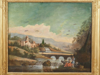 Vente aux enchères Ecole française XIXème" "paysage animé à la cascade" Huile sur toile D