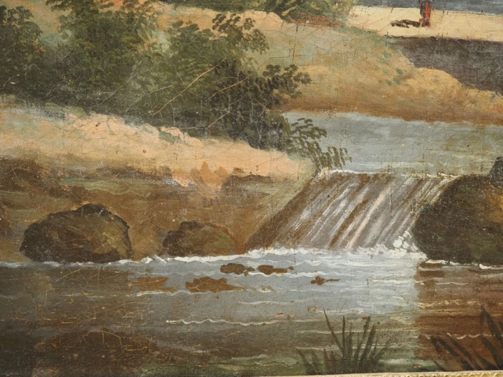Ecole française XIXème" "paysage animé à la cascade" Huile sur toile D