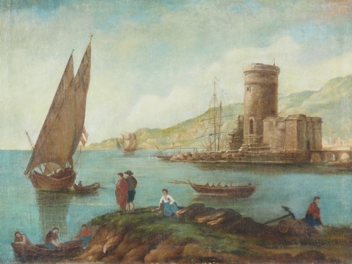 Ecole française XIXème. "vue de port animée" Huile sur toile, Dim. 65 