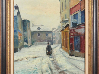 Vente aux enchères Ecole française XXème" "ville animée enneigée" Huile sur toile, signée