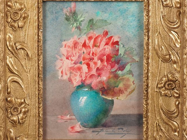 Blanche ODIN.  "Bouquet de fleurs dans un vase" Aquarelle, signée en b