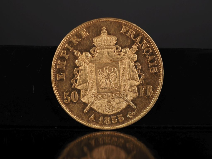 Pièce de 50 Francs or, Napoléon III Empereur, 1855-A. FRAIS ACHETEURS 