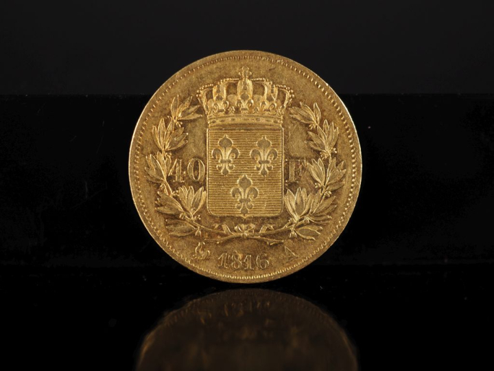 Pièce de 40 Francs or, Louis XVIII, Roi des Français, 1816-A. FRAIS AC