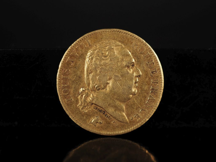 Pièce de 40 Francs or, Louis XVIII, Roi des Français, 1818-W (Lille). 