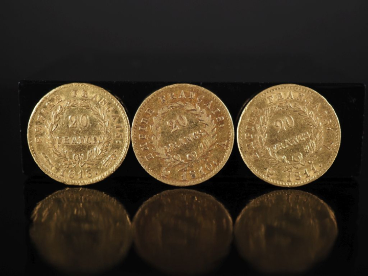 Trois pièces de 20 Francs or, 1810-A, 1811-A et 1813. FRAIS ACHETEURS 