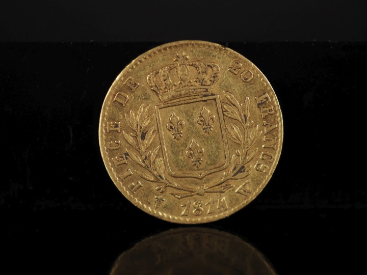 Pièce de 20 Francs or, Louis XVIII, Roi de France, 1814-W. FRAIS ACHET