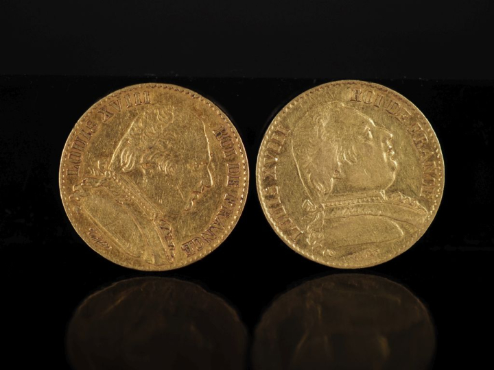 Deux pièces de 20 Francs or,  Louis XVIII, Roi de France, 1814-A et 18