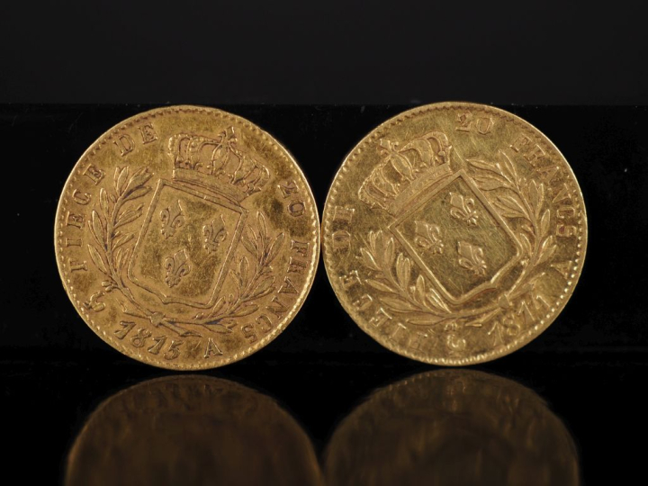 Deux pièces de 20 Francs or,  Louis XVIII, Roi de France, 1814-A et 18