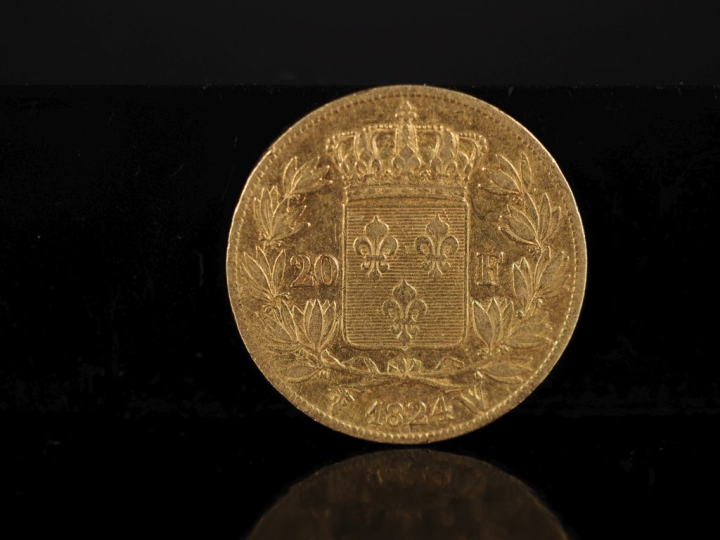 Pièce de 20 Francs or, Louis XVIII, Roi de France, 1824-W. FRAIS ACHET