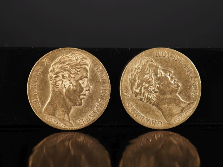 Deux pièces de 20 Francs or, Charles X, Roi de France, 1825-A et 1827-