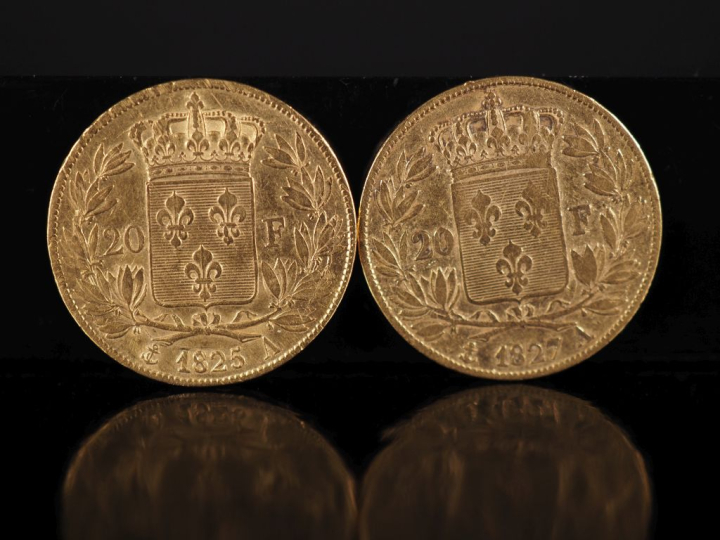 Deux pièces de 20 Francs or, Charles X, Roi de France, 1825-A et 1827-