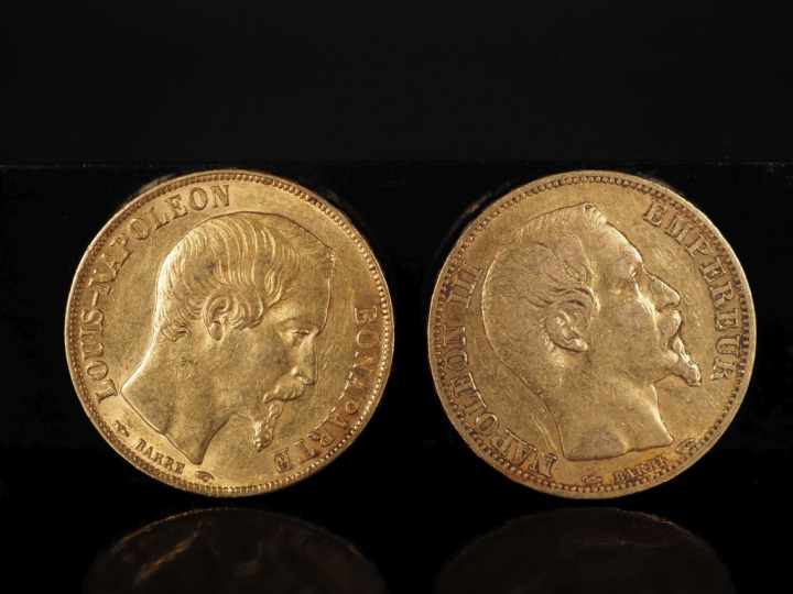 Deux pièces de 20 Francs or, 1852-A et 1853-A.  FRAIS ACHETEURS 10% HT