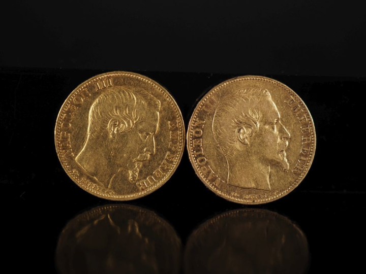 Deux pièces de 20 Francs or, Napoléon III Empereur, 1854-A. FRAIS ACHE