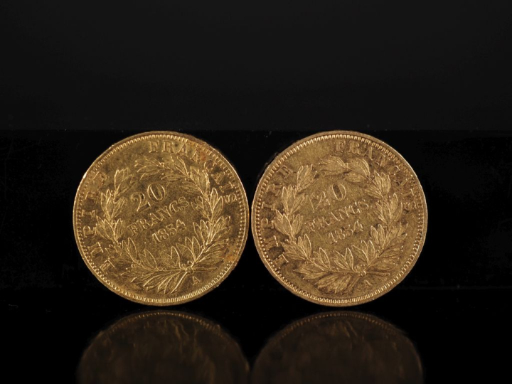 Deux pièces de 20 Francs or, Napoléon III Empereur, 1854-A. FRAIS ACHE