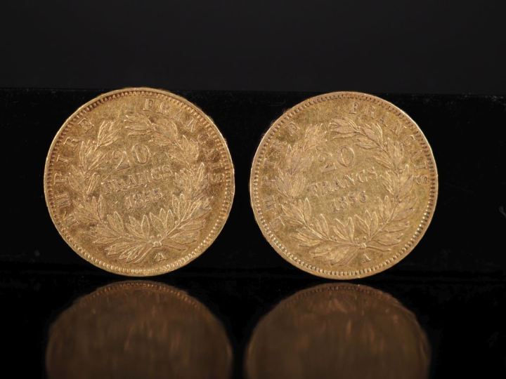 Deux pièces de 20 Francs or, 1855-A et 1856-A.  FRAIS ACHETEURS 10% HT