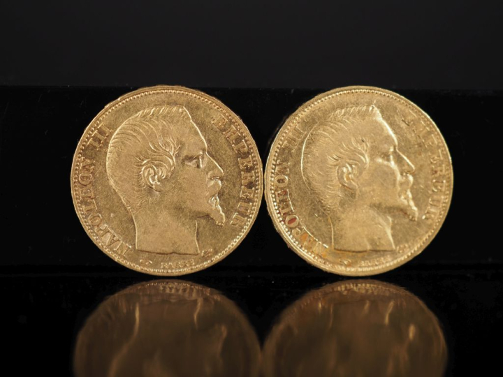 Deux pièces de 20 Francs or, Napoléon III Empereur, 1857-A.  FRAIS ACH