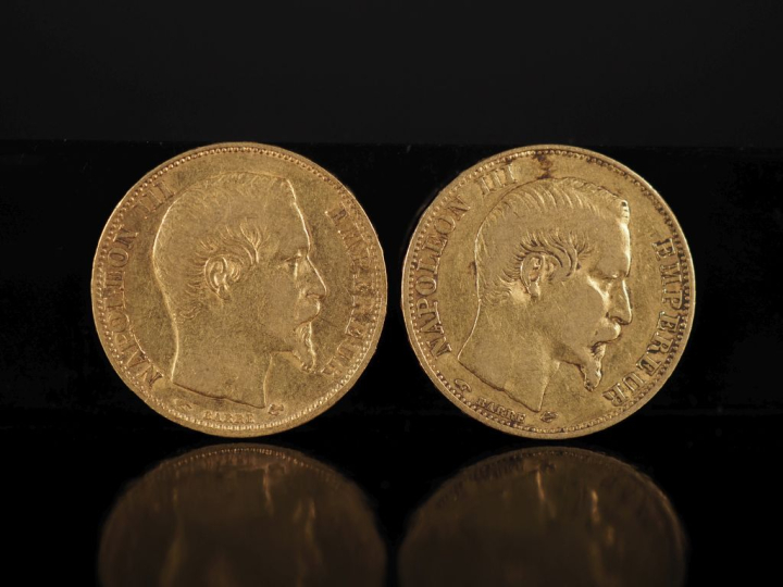 Deux pièces de 20 Francs or, Napoléon III Empereur, 1858-A.  FRAIS ACH