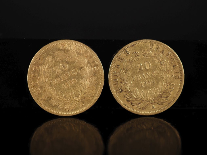 Deux pièces de 20 Francs or, Napoléon III Empereur, 1858-A.  FRAIS ACH