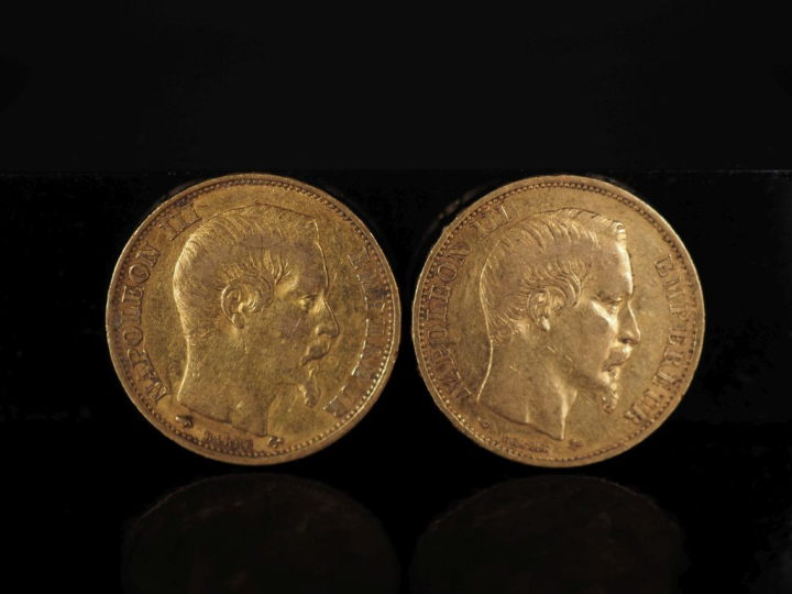 Deux pièces de 20 Francs or, 1858-A.  FRAIS ACHETEURS 10% HT.