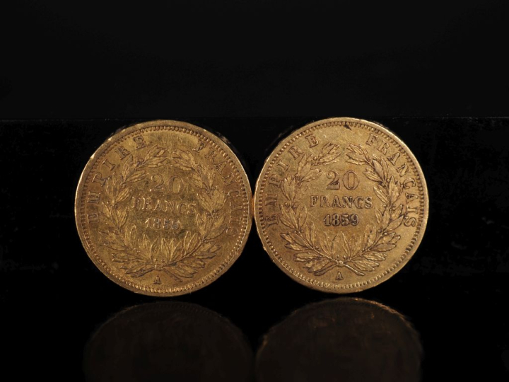 Deux pièces de 20 Francs or, 1858-A.  FRAIS ACHETEURS 10% HT.