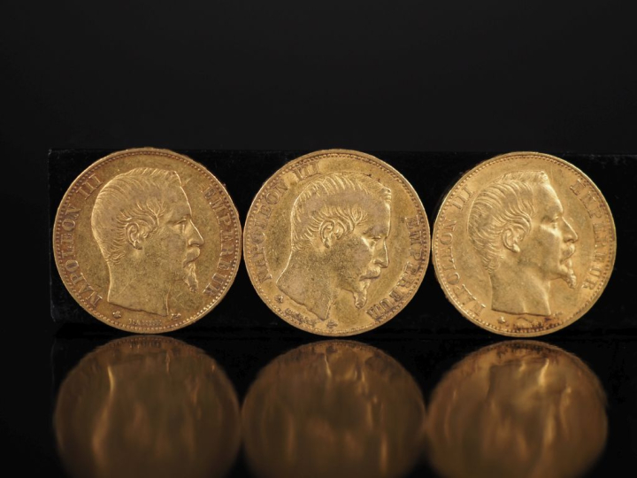 Trois pièces de 20 Francs or, 1859-BB.  FRAIS ACHETEURS 10% HT.